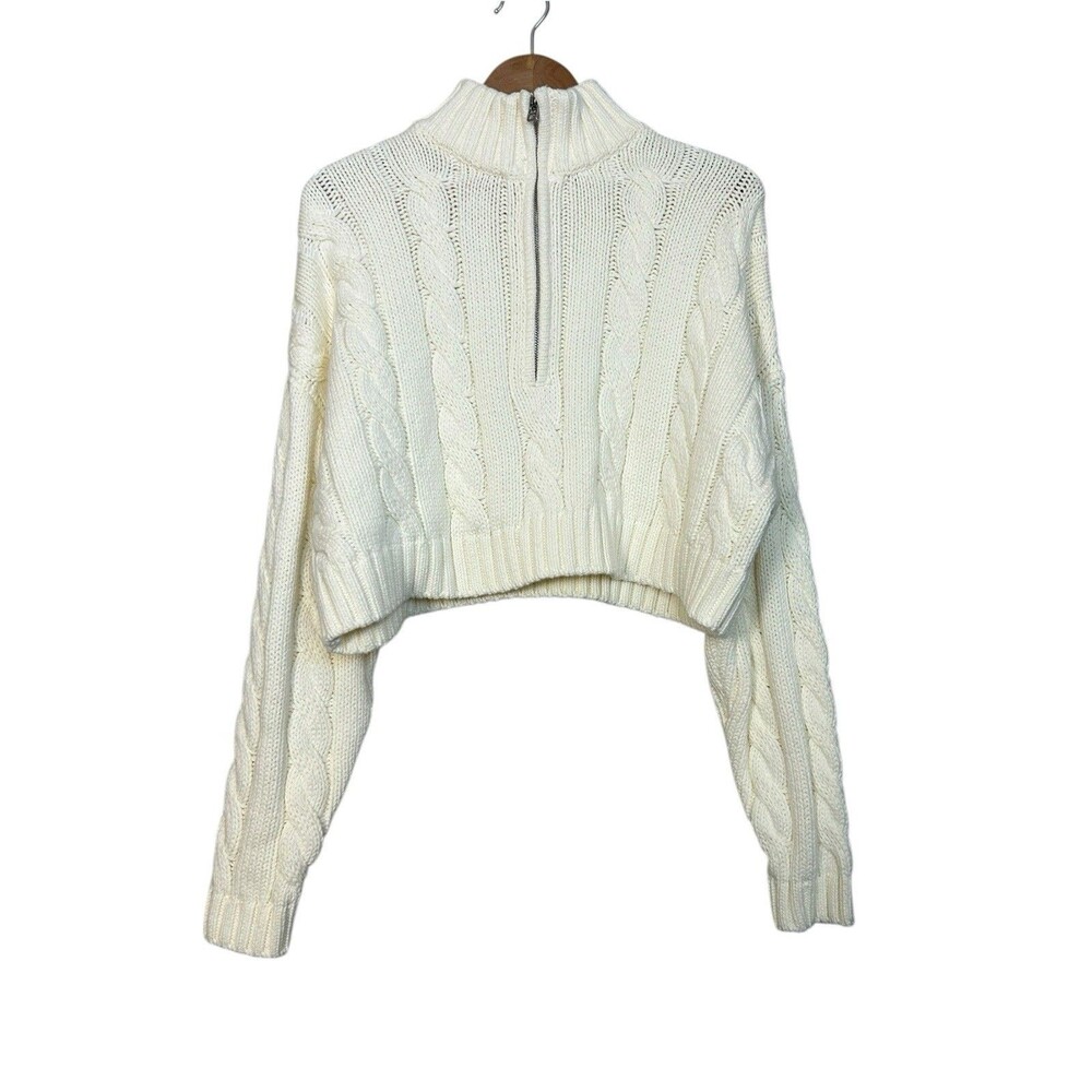 Staud Sweater Women’s Size Small Ivory Hampton Crop Half Zip Cotton Cable Knit